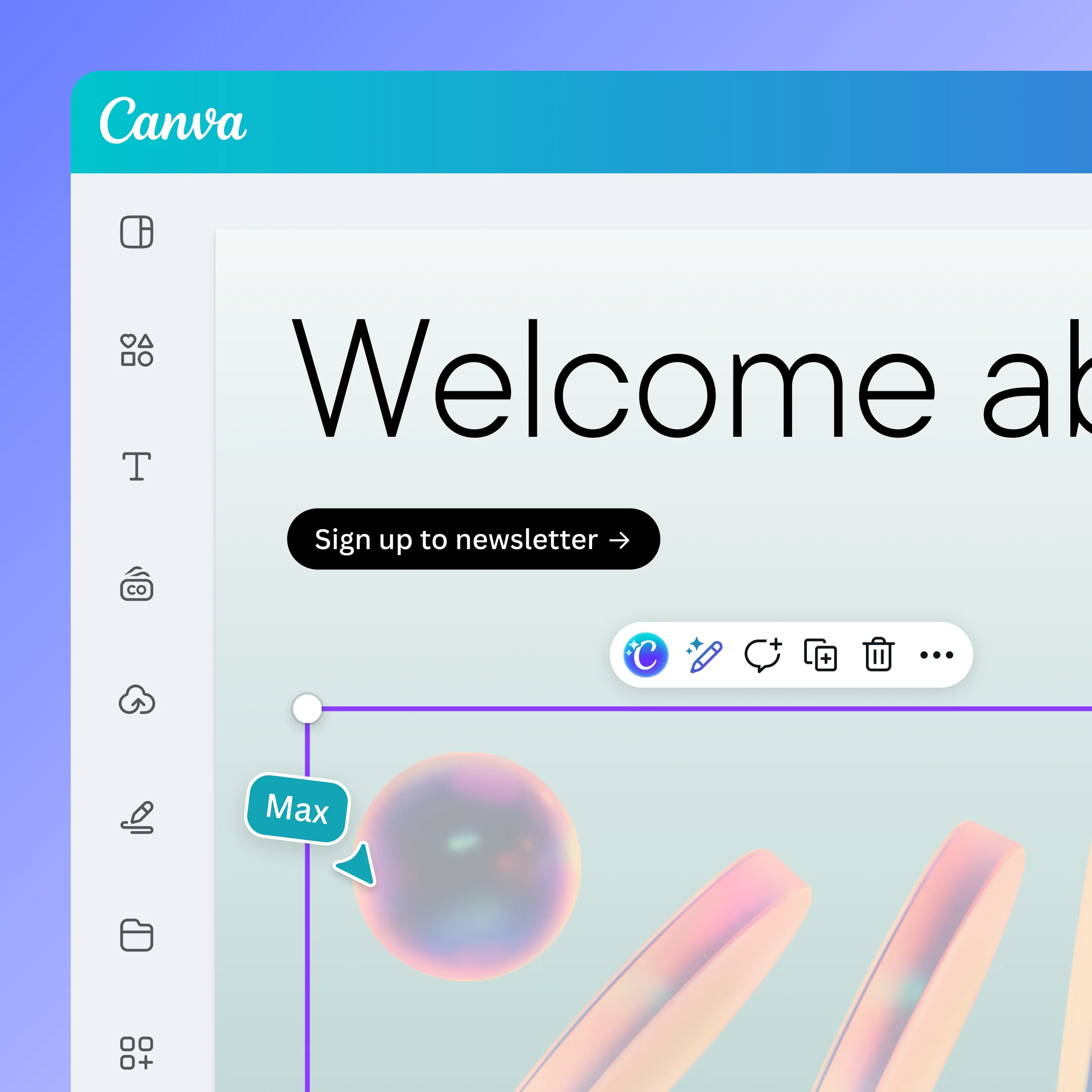 Canva 官方編輯器介紹圖:左側素材與文字工具、畫布中的圖文編輯